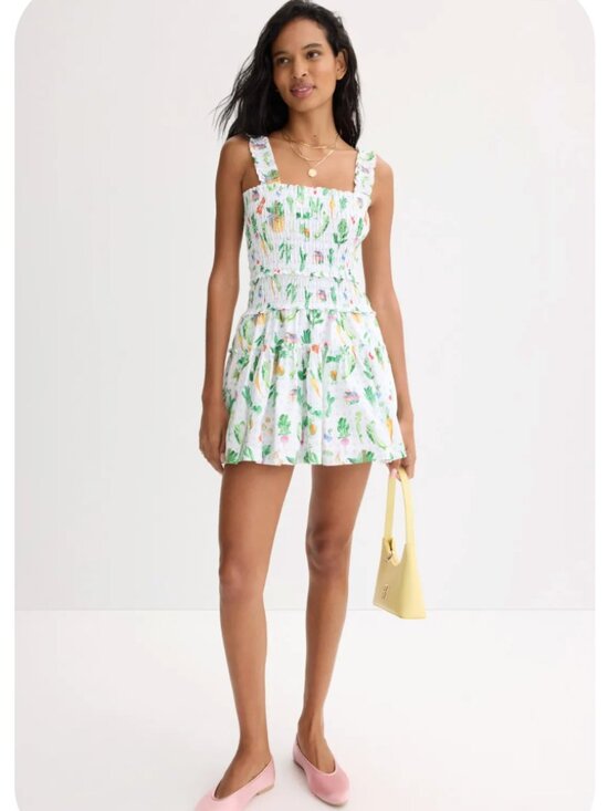 Hill House Home Dresses & Skirts - Floral Smocked Mini Dress in White and Green